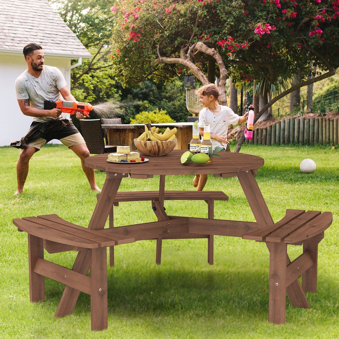Gymax 6-Person Round Picnic Table Set w/ 3 Built-in Benches 2'' Umbrella Hole Brown