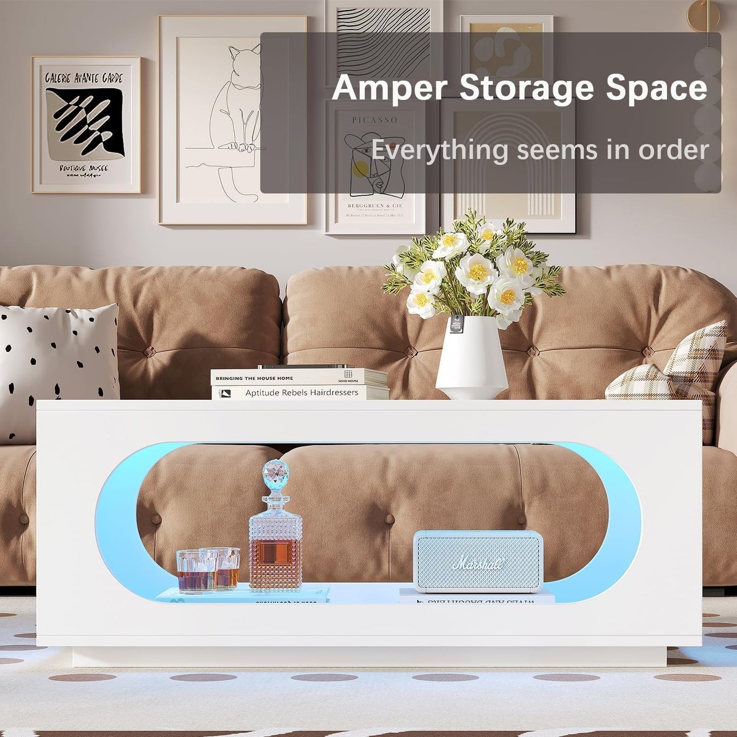 Hironpal 43" White Led Coffee Table for Living Room, Modern Living Room Table Rectangular Contemporary Center Table with Storage, Wooden Coffee Tables with LED Lights for Dining Reception Room