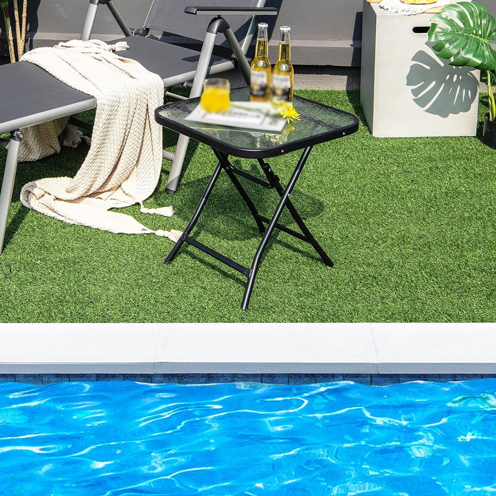 18” Folding Square Glass Side Table, Portable Patio Bistro Coffee Table with Tempered Glass Tabletop, Solid Steel Structure for Yard, Lawn, Garden