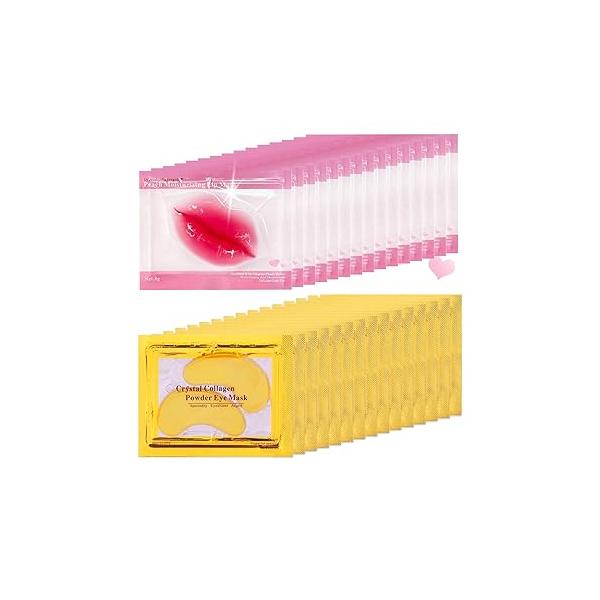 30 Pairs Lip Masks & Eye Masks, 24K Gold Crystal Collagen Mask, Moisturizing Lips Pad Spa Party Daily Labial Mask Skin Hydrating Patches for Puffy Eyes, Dark Circles, Wrinkles and Fine Lines