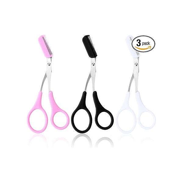 3 Pack Eyebrow Scissors with Comb Detachable Professional Stainless Steel Non Slip Eyelash Grooming Trimmer Remover Beauty Makeup Tool Accessories for Men Women(Pink,White,Black)