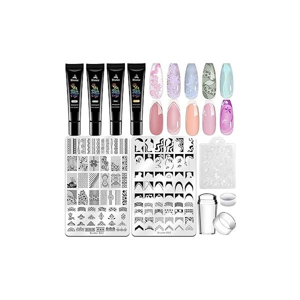 Biutee Nail Stamper Kit Art Stamping Plate Set Polish Gel Stamp Jelly Silicone Scraper Flower Lace Line Kiss Stencil Template Tool Supplies for Holiday (Storage Bag)