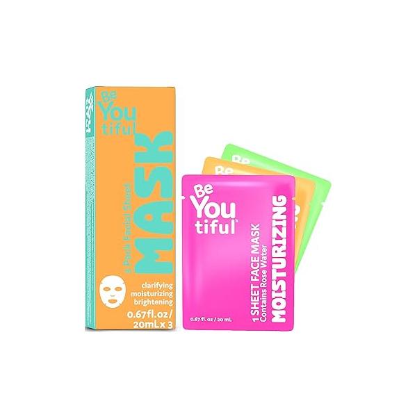 BeYoutiful Hydrating Face Mask Spa Set For Kids and Teens, Skin Care Facial for All Types Ages, Boy Girls, 3 Masks per Box