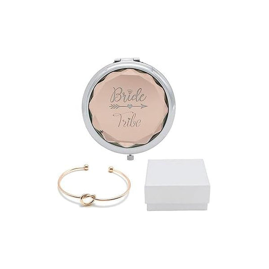 Bride Tribe Champagne Compact Pocket Makeup Mirror with Rose Gold Knot Bracelet and Gift Box for Bachelorette Party Wedding Proposal