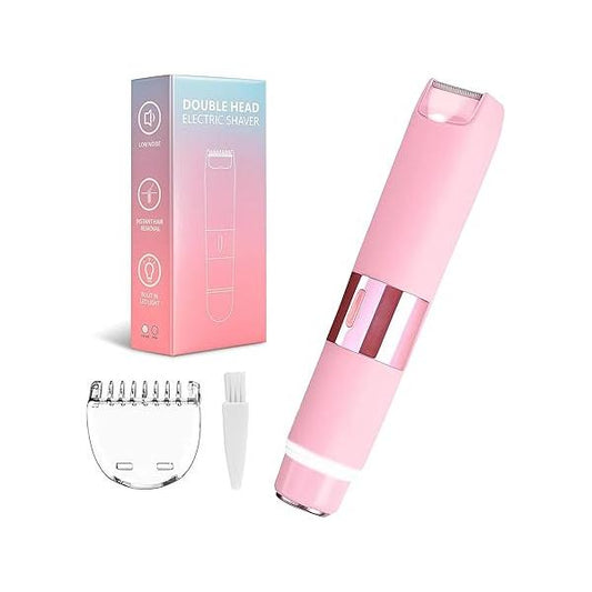 Bikini Trimmer for Women - 2 in 1 Painless Electric Razors Women, IPX7 Waterproof Rechargeable LED Dual Head Shaver Lady Underarm, Body, Leg, Face Hair Remove Pink