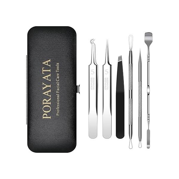 Blackhead Remover Tool Kit, 6 Pcs Pimple Popper Comedone Extractor Set with Acne Needles, Tweezers, Pore Scraper for Blemish, Zit, Whitehead Removal on Nose and Face, Storage Case