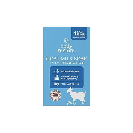 Body Restore Goat Milk Soap 4 OZ Bar 1 Pack - Coconut Oil Based, Probiotics, Self Care Gifts for Women, Men, Natural Body, Face & Hand Wash, Skin Care, Travel Essentials Fragrance Free