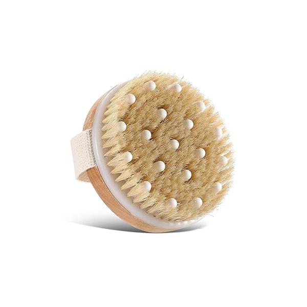 Body Bath Brush for Wet or Dry Brushing,Round Exfoliating Brush,Gentle Massage Nodes,Natural Bristles Improves Lymphatic Functions, Exfoliates, Stimulates Blood Circulation