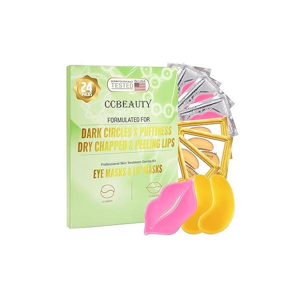 CCbeauty 24 Packs Lip Masks & Eye Mask Bulk,24K Gold Under Patches for Puffy Eyes,Dark Circles,Collagen gel Pads Bags,Wrinkles | Nourish Hydrate Dry Chapped Lips Skincare,Golden