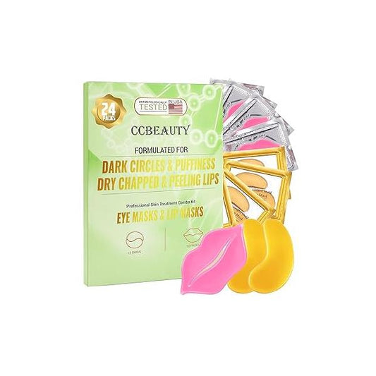CCbeauty 24 Packs Lip Masks & Eye Mask Bulk,24K Gold Under Patches for Puffy Eyes,Dark Circles,Collagen gel Pads Bags,Wrinkles | Nourish Hydrate Dry Chapped Lips Skincare,Golden