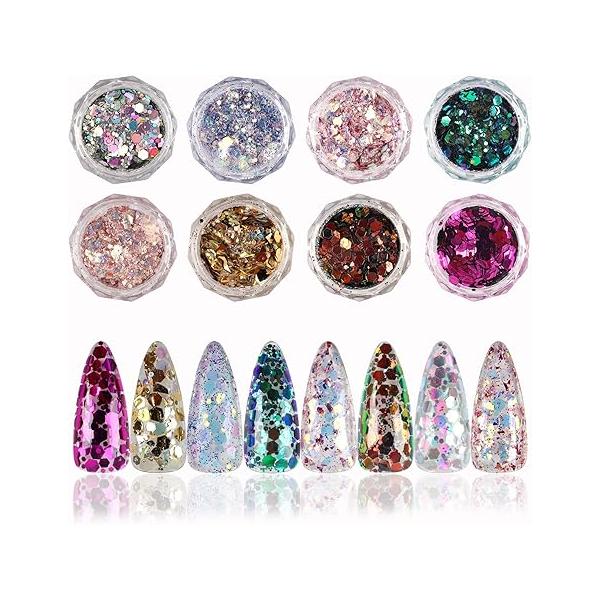 BQAN 8 Boxes Holographic Nail Art Sequins Glitter Kits, 3D Nails Glitters Metallic Shining Flakes Acrylic Powder Dust for Decoration Manicure