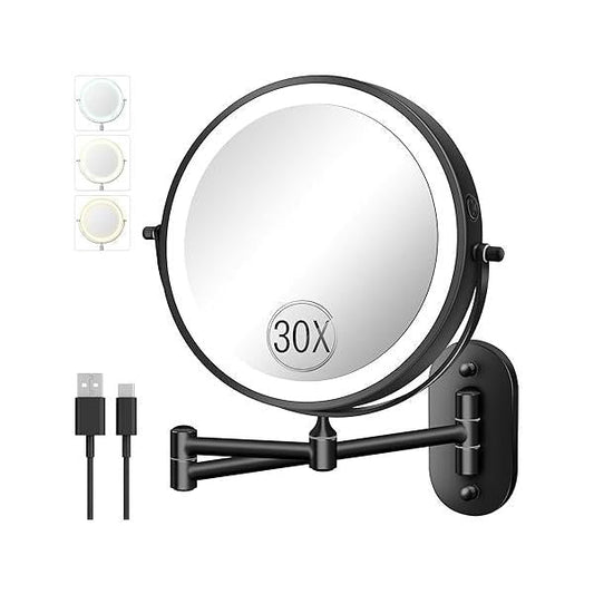 30X/1X Wall Mounted Lighted Makeup Mirror, 8'' Double Sided Rechargeable Magnifying Bathroom Mirror with Light, 3 Color Lights Touch Dimmable Extended Arm 360 Rotation Light up Mirrors