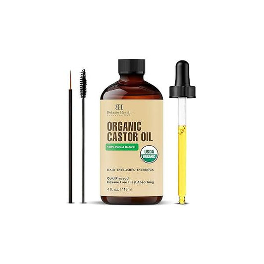 Botanic Hearth Castor Oil (Styling Oil, Glass Bottle 4 fl oz) | USDA Certified Organic 100% Pure & Hexane Free Cold Pressed Promotes Growth for Eyelashes, Eyebrows Hair Includes Brush Set