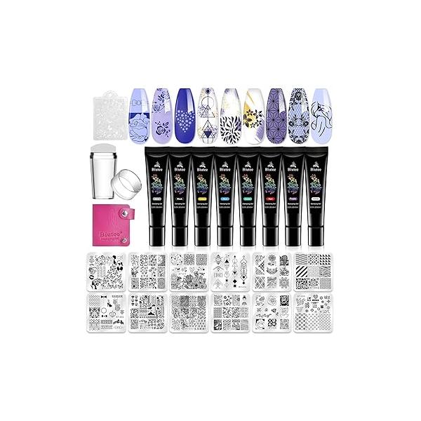 Biutee Nail Stamper Kit Art Stamping Plate Set Polish Gel Stamp Jelly Silicone Scraper Flower Lace Line Kiss Stencil Template Tool Supplies for Holiday (Storage Bag)