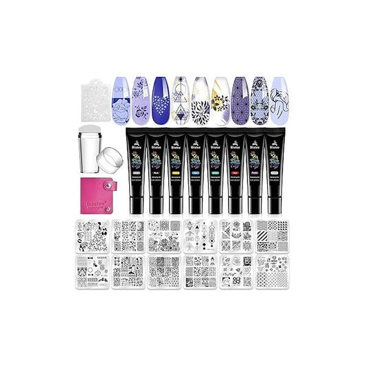 Biutee Nail Stamper Kit Art Stamping Plate Set Polish Gel Stamp Jelly Silicone Scraper Flower Lace Line Kiss Stencil Template Tool Supplies for Holiday (Storage Bag)