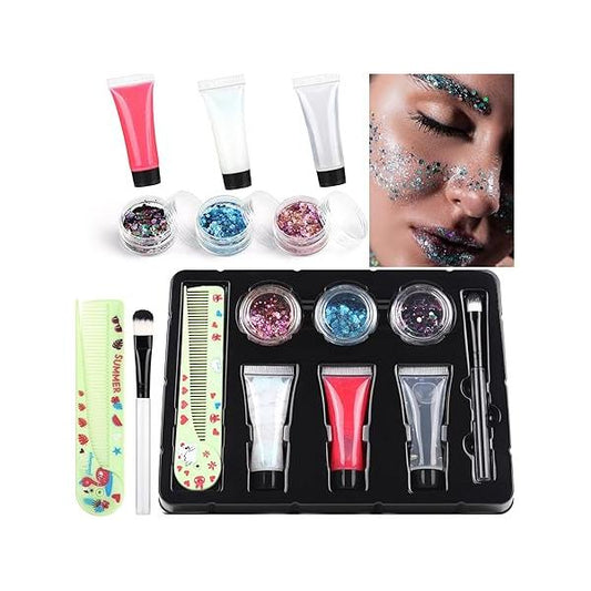 Body Glitter + Glow UV Hair Color Glue Kit, for Kids Includes 3 Chunky Glitters, Color, Brush, Comb, Face Party Singer Concerts Festival Rave Accessories