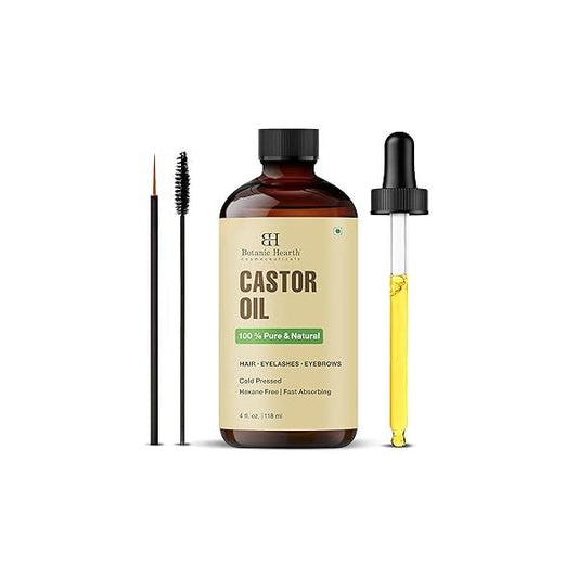 Botanic Hearth Castor Oil (4 fl oz Glass Bottle) | USDA Certified Organic 100% Pure & Hexane Free Cold Pressed Promotes Growth for Eyelashes, Eyebrows Hair