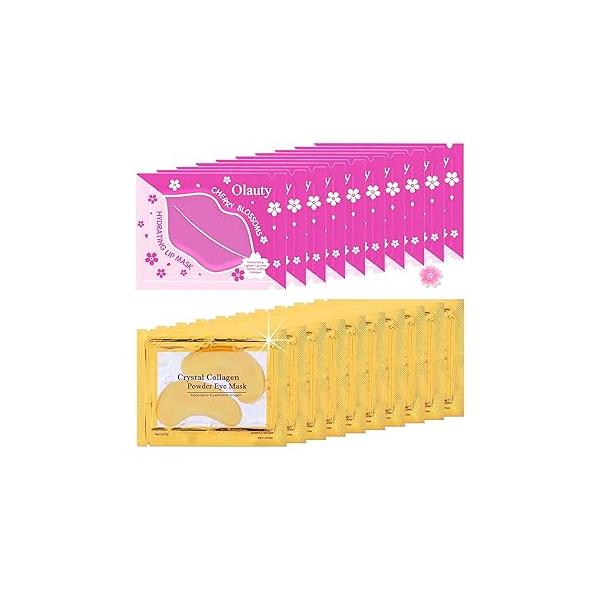 20 Pairs Lip Masks & Eye Masks, 24K Gold Gel Crystal Collagen Pads, Moisturizing Mask Under Patches for Puffy Eyes, Dark Circles, Bags, Wrinkles and Fine Lines