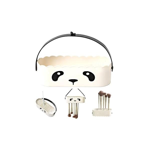 3 in 1 Silicone Makeup Brush Cleaner Bowl with Drying Holder, and Organizer Make up Mat for Brush, Sponge, Powder Puff(Panda White)