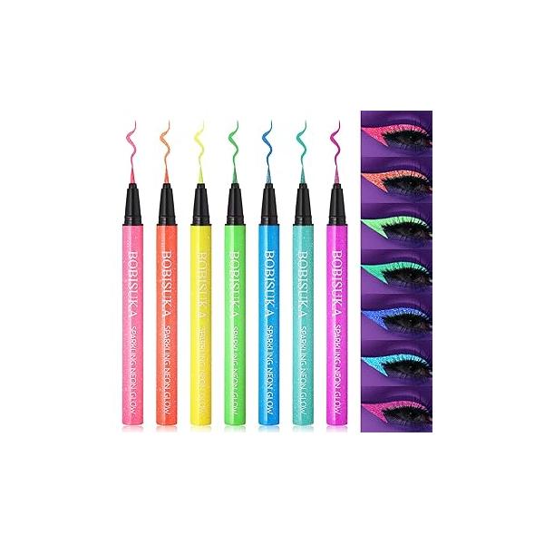 BOBISUKA 7 Colors Neon Eye Liner: UV Glitter Liquid Eyeliner Pencil - Colorful Waterproof Eyeshadow Rainbow Smudge-proof Makeup Pen Set For Halloween, Party And Birthday