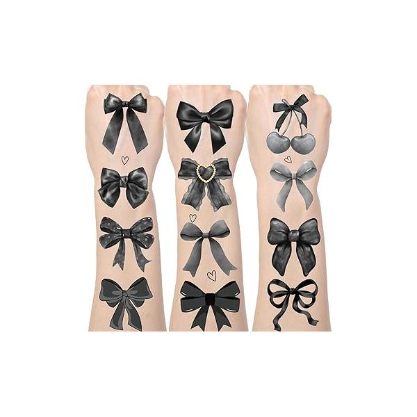 Black Bow Temporary Tattoos - 200+ Coquete Birthday Decorations Themed Party Favors for Girls Women Cute Gothic Ribbon Tattoo Stickers Gifts Wedding Supplies Prizes Rewards