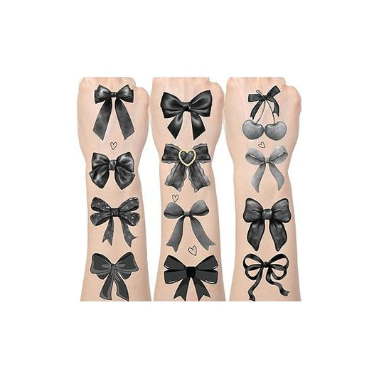 Black Bow Temporary Tattoos - 200+ Coquete Birthday Decorations Themed Party Favors for Girls Women Cute Gothic Ribbon Tattoo Stickers Gifts Wedding Supplies Prizes Rewards