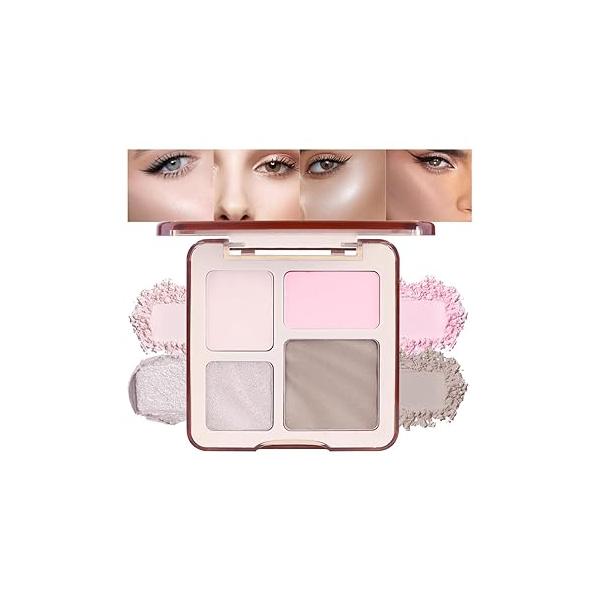 3 IN 1 Brown Nude Face Highlight Bronzer Powder Palette for Cheeks Contour Brightening, Buildable Matte Coverage Natural Makeup,Ultra Sculpt Nose Shadow Eyeshadow Primer 03#