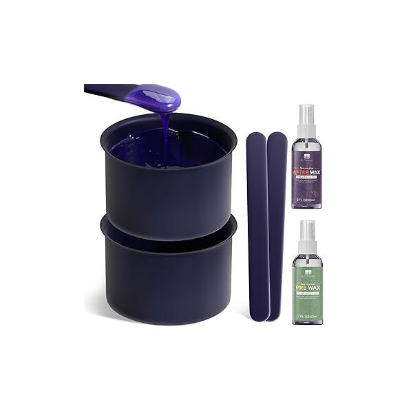 BLITZWAX 2pcs Silicone Wax Pot Liners for Hair Removal, Purple Warmer Bowls Kit with Sticks Women and Men Body Waxing, Reusable Easy to Clean Accessories, Compatible 16 oz Waxing