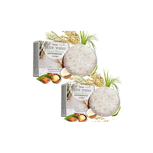 2Pcs Rice Water Shampoo Bar for Hair Growth, Protein Bulk, Root White Coverage Darkening, Volumizing and Strengthening