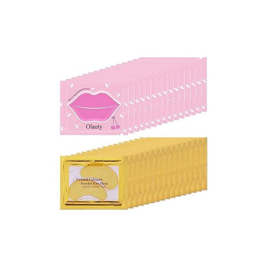 30 Pairs Lip Masks & Eye Mask, 24K Gold Crystal Gel Collagen Patches for Puffy Eyes, Moisturizing Mask Pads, Under Dark Circles, Anti Wrinkle