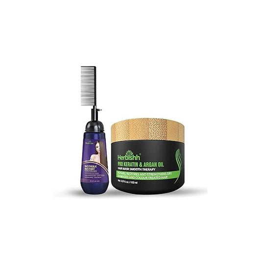 Herbishh Argan Hair Mask-Deep Conditioning & Hydration For Healthier Looking 150Gm + Instant Straightener Cream with Applicator Comb Brush