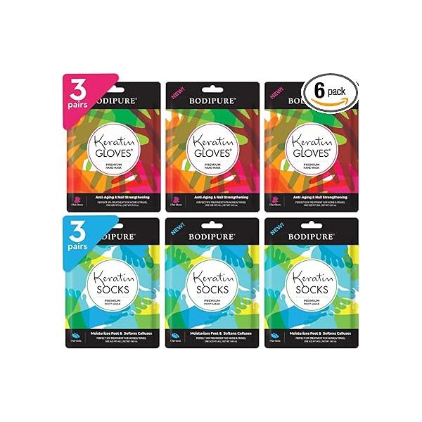Bodipure Premium Hand and Foot Mask | Moisturizing Kertain Gloves & Socks Hydrating Dull Dry Hands, Cracked Heels, Callus Softening Nail Strengthening Chemical-Free Feet Treatment (3+3 Pack)