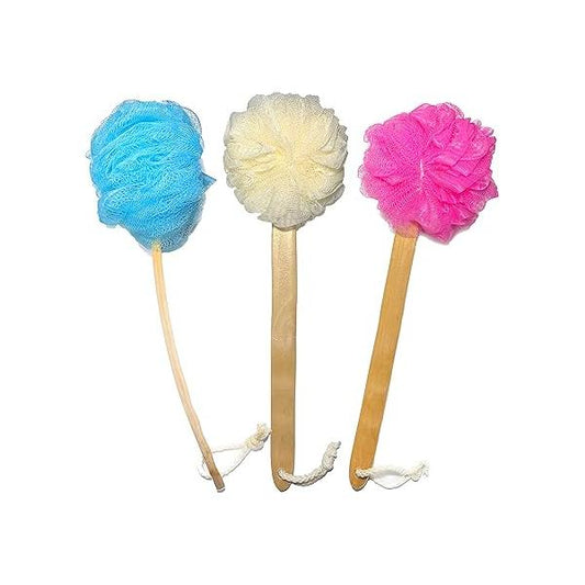 3 Pack Exfoliating Loofah luffa loofa Bath Back Brush On a Stick - Long Wooden Handle with Radian is Ergonomic for Men and Women Shower Sponge Body Scrubber of
