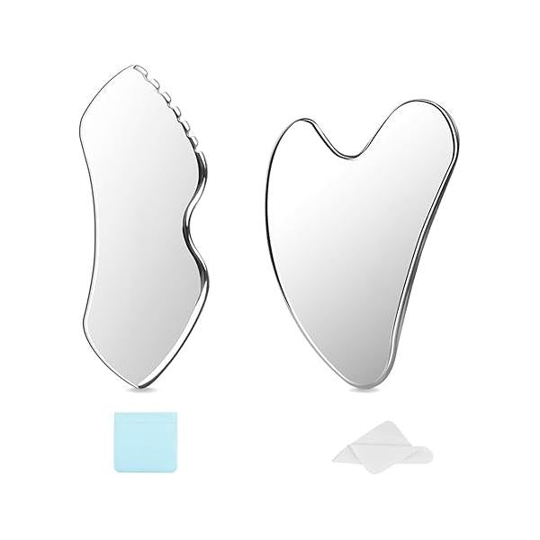 2Pcs Gua Sha Facial Tools Stainless Steel - Lift, Depuff & Glow | Spa-Grade, Travel-Ready, Metal GuaSha Tool for Face, Neck, Body Lymphatic Drainage Massager Natural Skin Care