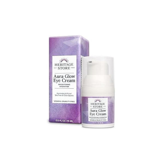 HERITAGE STORE Aura Glow Eye Cream, Under Brightener & Hydrator, Minimizes look of Puffiness, Dark Circles, Fine Lines Wrinkles w/Bakuchiol, Hyaluronic Acid, Kelp Clear Quartz, Vegan, 0.5oz