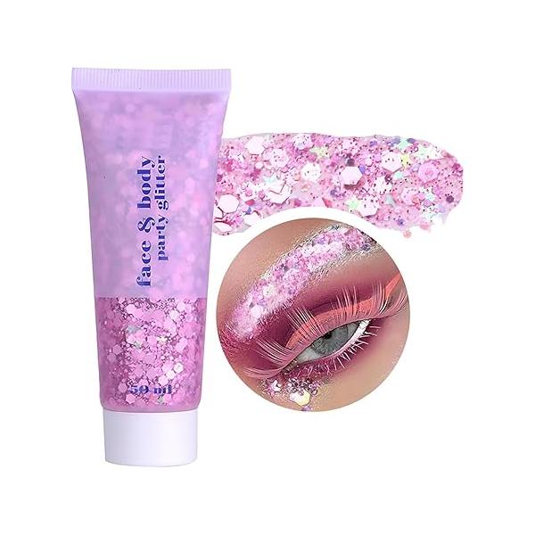 Body Glitter Gel, Face Glitters Gel Sequins Shimmer Liquid Eyeshadow, Chunky for Hair Nails, Holographic Cosmetic Laser Powder Festival Makeup 50ml (Golden Yellow)