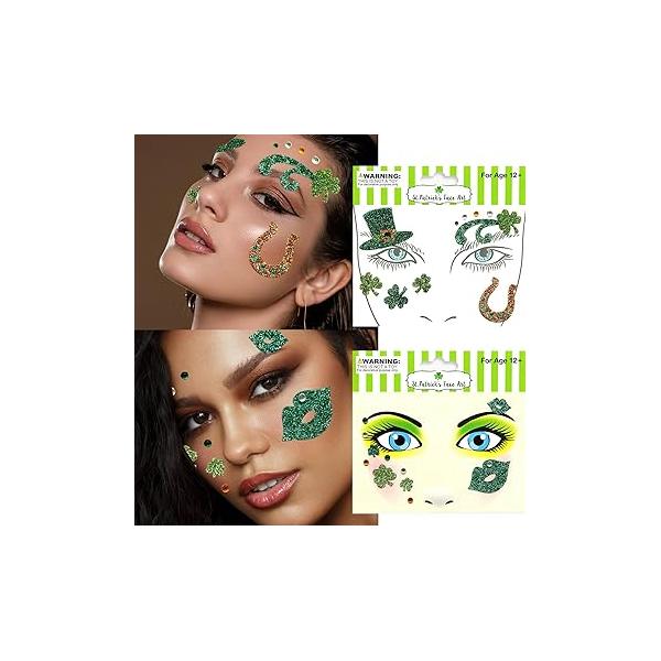 3D Rhinestone St. Patrick's Day Face Tattoos Stickers Green Rainbow Shamrock Eye Body Temporary Tattoo Patricks Parade Party Irish Makeup Art Decorations Stickerfs 2 Pieces