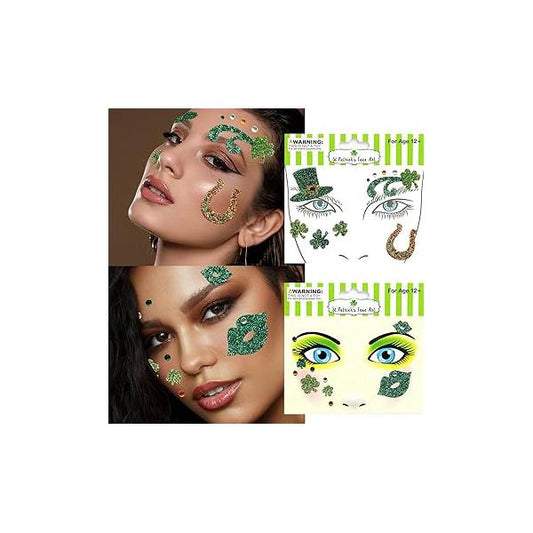 3D Rhinestone St. Patrick's Day Face Tattoos Stickers Green Rainbow Shamrock Eye Body Temporary Tattoo Patricks Parade Party Irish Makeup Art Decorations Stickerfs 2 Pieces