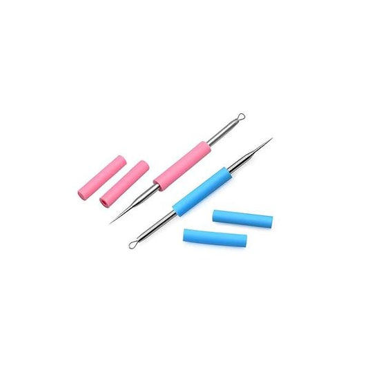 2pcs Stainless Steel Acne Removal Needle with Pink and Blue Silicon Tube Loop Blackhead Extractor Comedone Whitehead Remover Tools 2 in 1