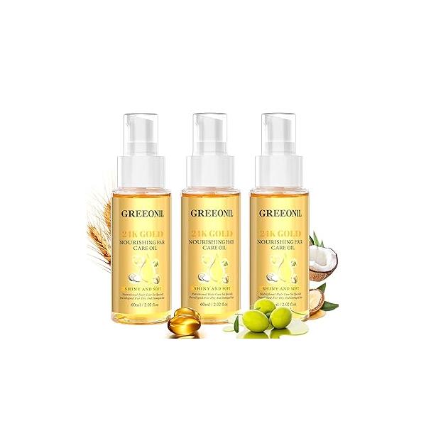 24K Gold Argan, Coconut, and Olive Oil Serum for Frizz Control, Shine, Split End Repair - Nourishing Hair Treatment with Vitamin E, 2.02 fl oz, 60ml