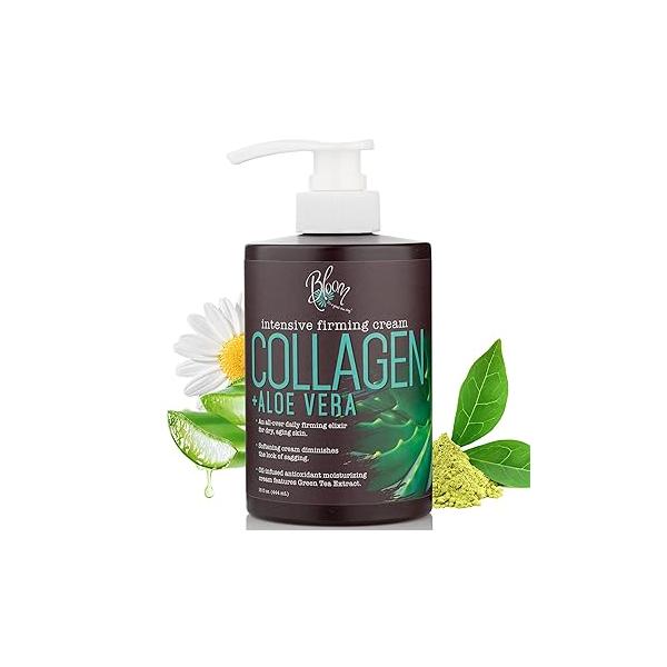 BLOOM IT'S A GREAT SKIN DAY! Collagen Cream + Aloe Vera Moisturizer Body Lotion & Face | Dry Skin Rescue Tightening Firming Lotion, 15 Oz