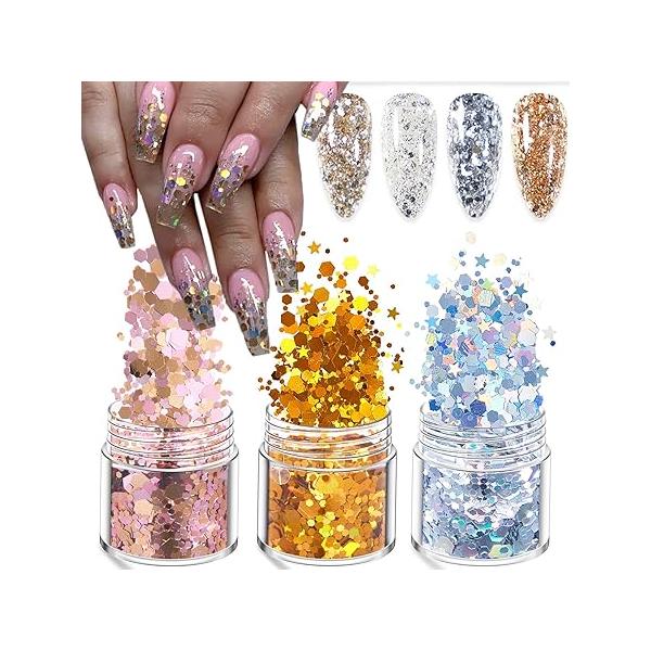 3 Pot Holographic Nail Art Sequins Acrylic Supplies Mermaid Glitter Flakes 3D Laser Stars Gold/Silver/Pink Hexagon Design Charms for Women Face Eyes Decorations