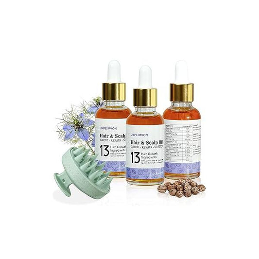3 Pack Hair Oil for Frizzy & Dry Hair, Travel Size, 15% Castor Rosemary Infused, Organic Black Seed Repair Strengthen, Herbal Scent