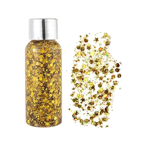 Body Glitter Gel Mermaid Scale Sequins Skin Long Lasting Sparkling Cream Chunky Eye Shadow Lip Nail Hair Painting Decorate Art Festival Party Make up Powder (Gold)
