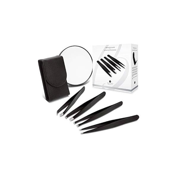 Brilliant Beauty 4-Piece Professional Tweezer Set with Case & Mirror by Precision Tweezers Kit Slant, Pointed, Curved Flat Tips for Eyebrow, Ingrown Hair, Splinter Removal, Black, 1 Count