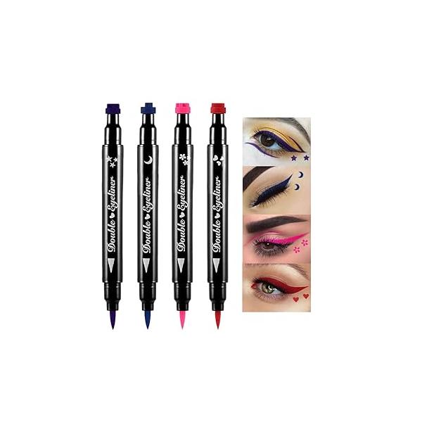 BINGBRUSH Double-sided Liquid Stamp Eyeliner Pen, Face Stamps Makeup Extremely Black Waterproof Slim Gel Felt Tip High Pigment & Seal (10#Star&Red)
