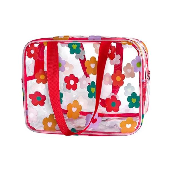 Clear Printed Floral Cosmetic Bag and Travel Pouch with Handle-Durable PVC Material,Versatile,Zipper Design for Smooth Sliding-Ideal Makeup,Travel Essentials (Pink Floral#1-L)