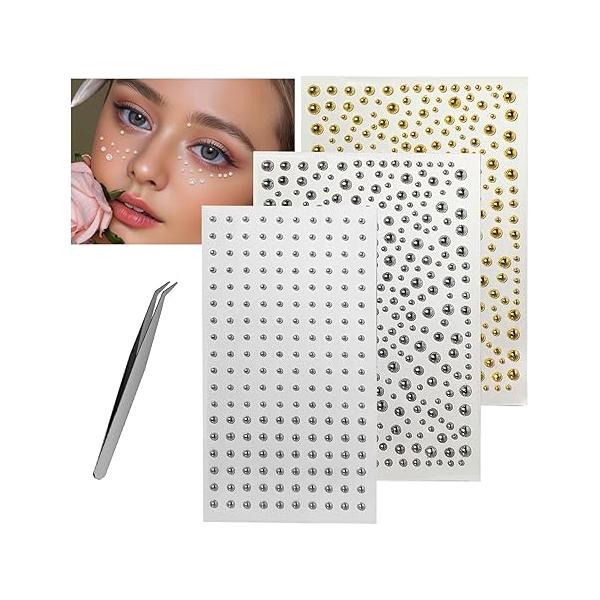 BOROLA 882Pcs Self-Adhesive Face Body Gems Rhinestone Stickers for Lips Nose Eyebrows Hair No Piercing Needed Jewels Makeup Kit Includes Tweezers Women DIY Nail Festival Party Cosplay
