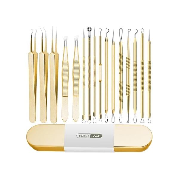 Blackhead Remover Tool, 16 PCS Pimple Popper Tool Kit, Tweezers Set for Eyebrows Hair Removal Blemish Acne Comedones Extractor Whitehead Cyst Nose Face Beauty Tools (Golden)