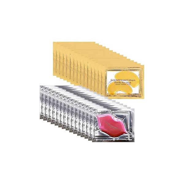 30 Pairs Lip Masks & Gold Hydrogel Collagen Eye Masks, Under Patches Gel Pads for Dark Circles and Puffiness, Moisturizing Anti-Ageing Skincare All Skin Types